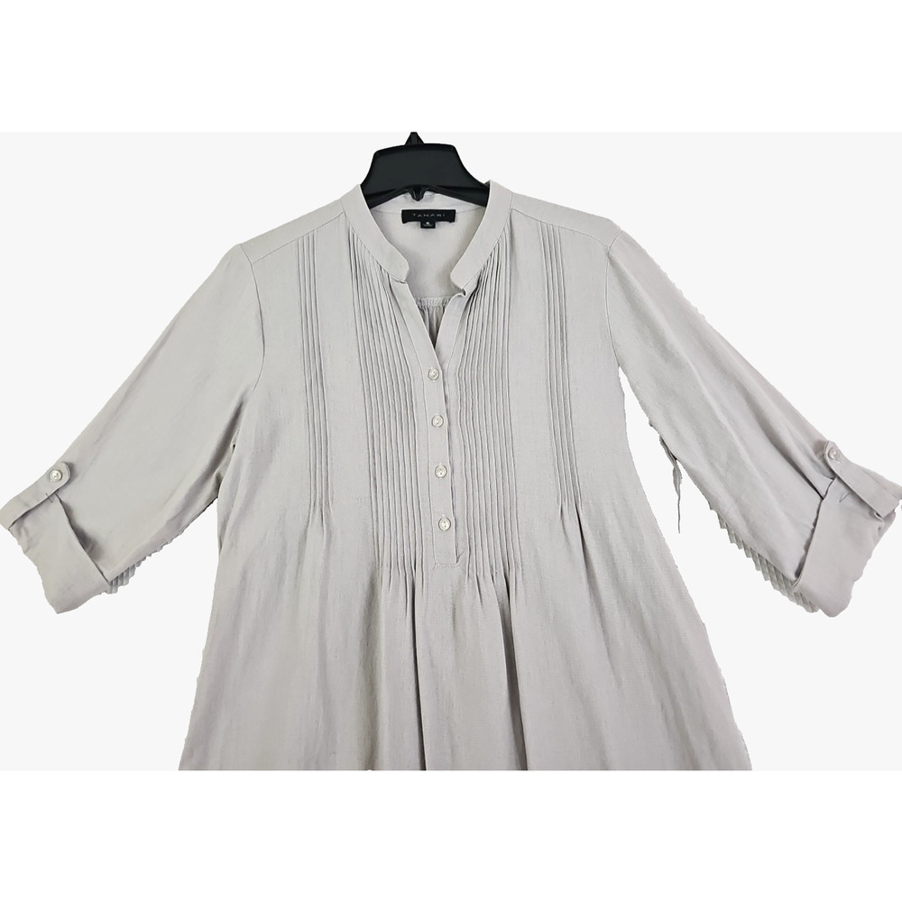 Tahari ~Woman Size S~ Gray Linen Blend Dress Pleated Coastal Roll-Up Sleeves. - Picture 12 of 15